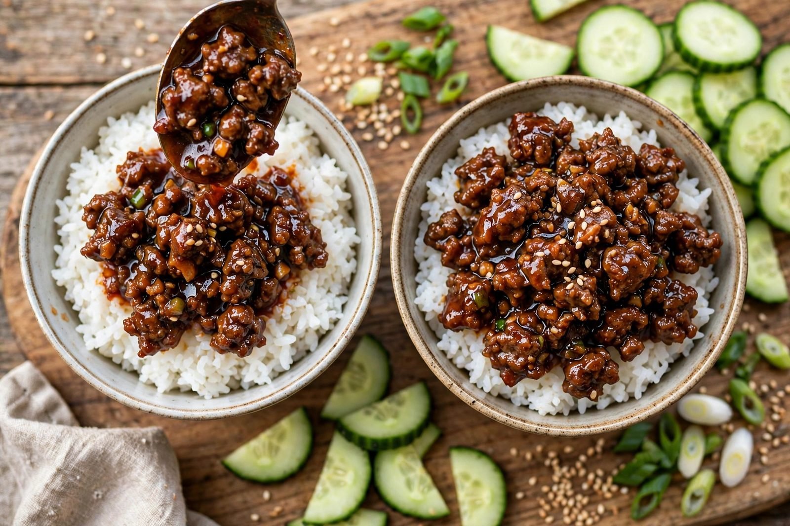 Overhead of beef being spooned over rice in bowls with toppings.