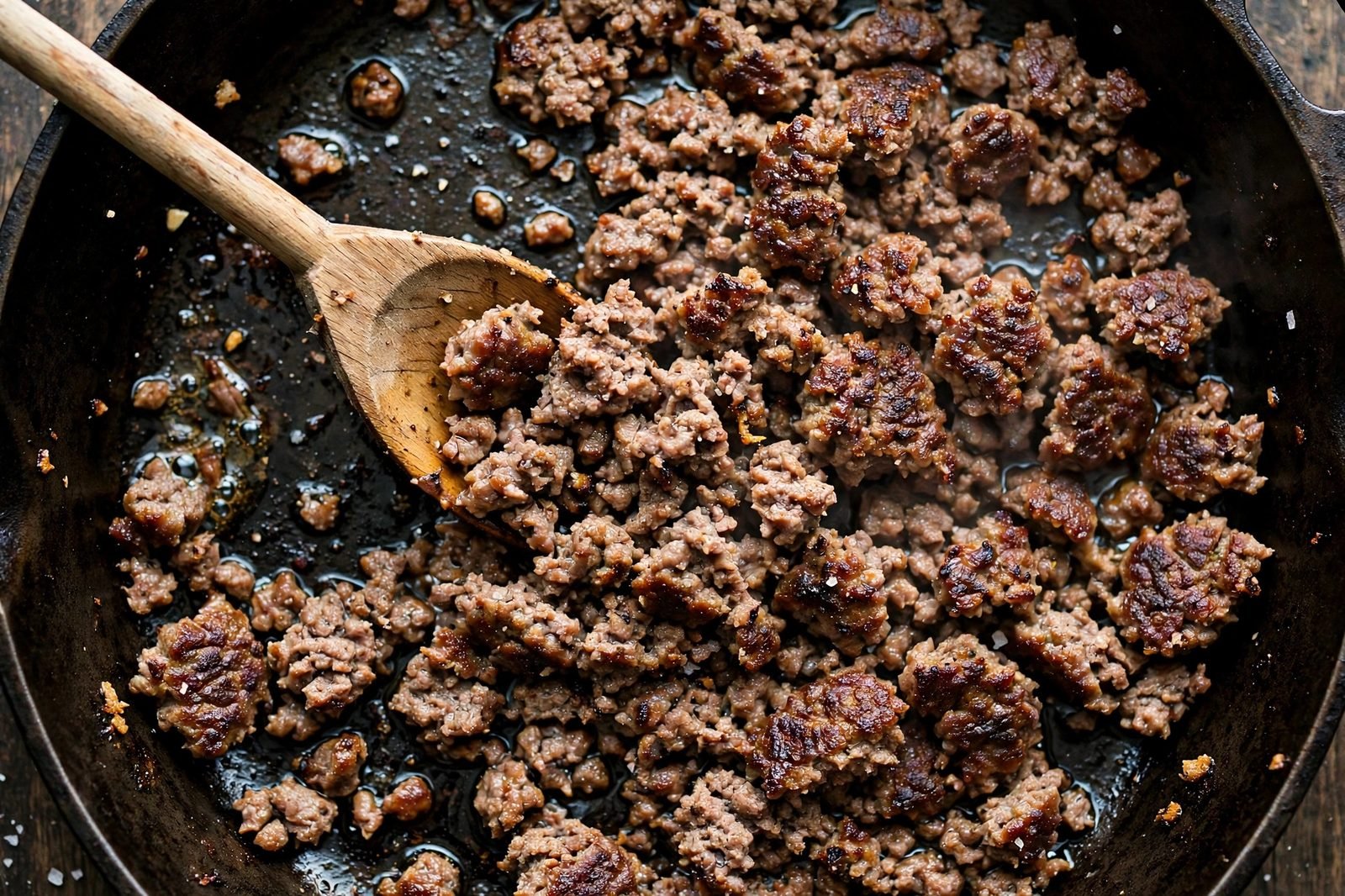 Overhead of ground beef crumbles browning in a hot skillet with a wooden spoon.
