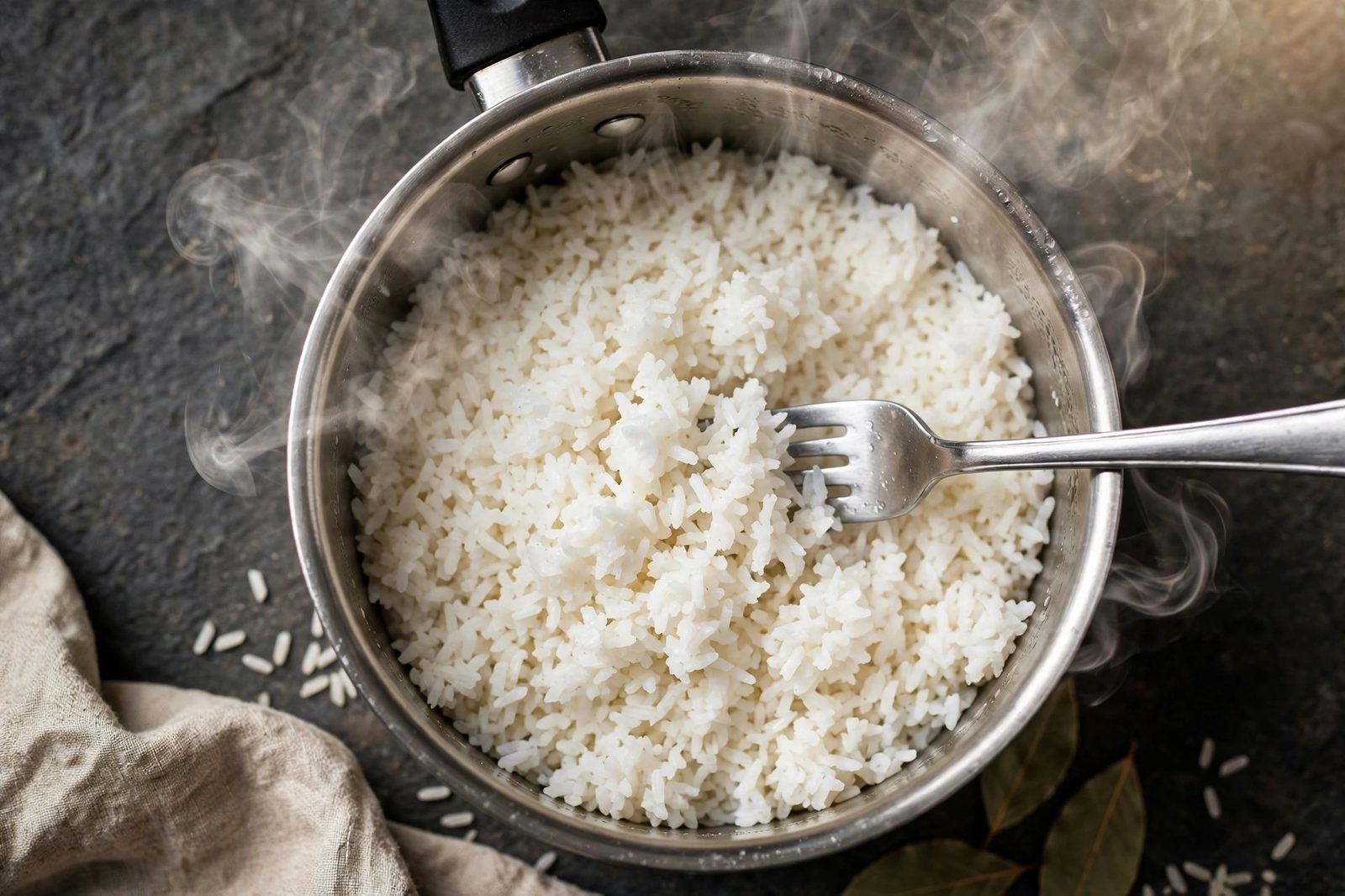 Overhead of a saucepan of fluffy instant white rice being fluffed with a fork.