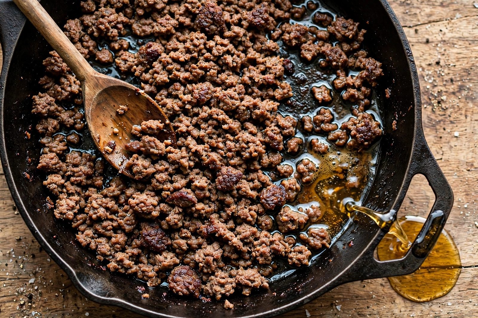 Overhead of browned beef crumbles in a skillet, fat draining.