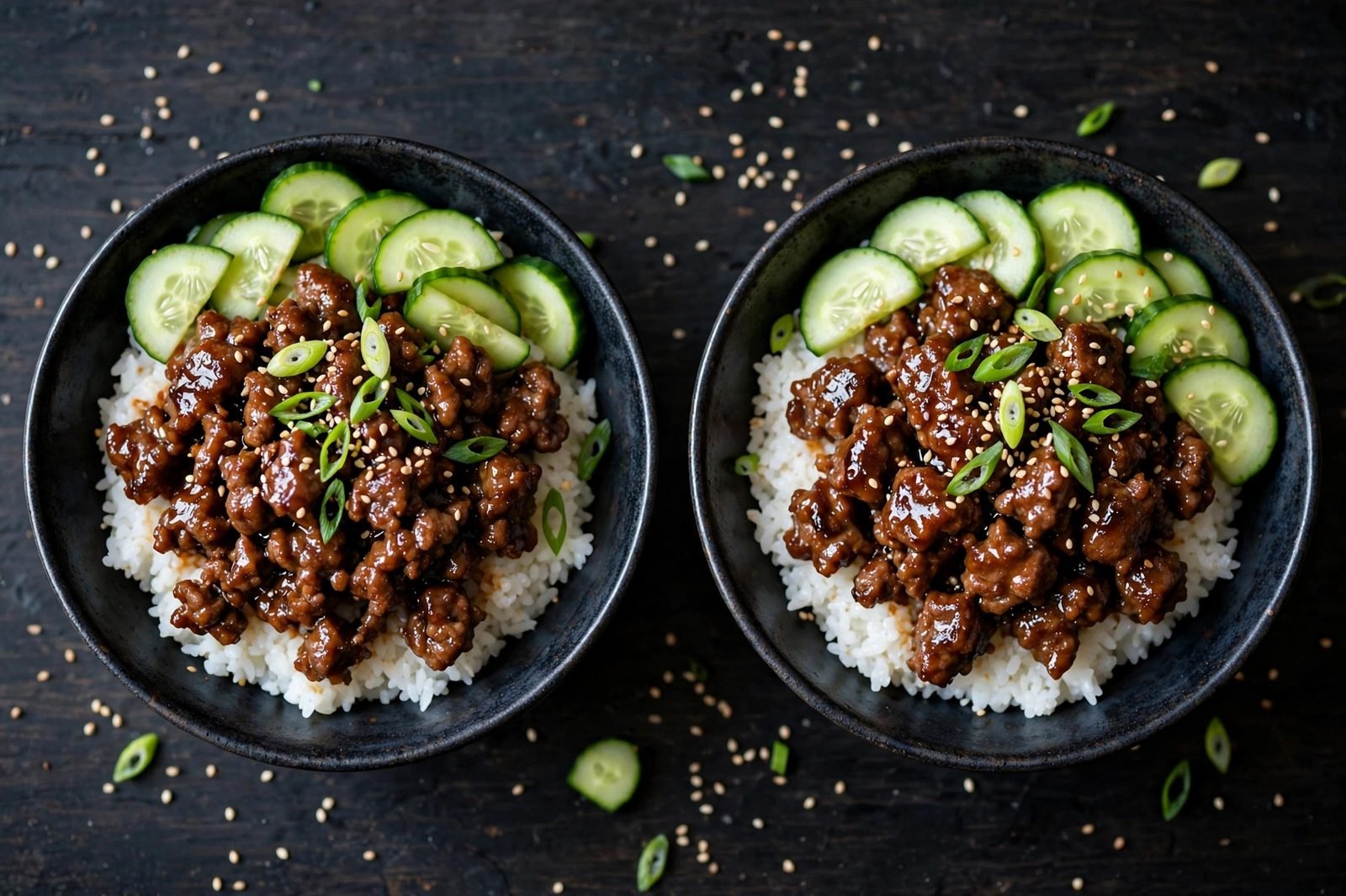 Overhead of two finished Korean beef bowls: glazed ground beef over white rice with sliced cucumber, green onions, sesame seeds, on a dark table.