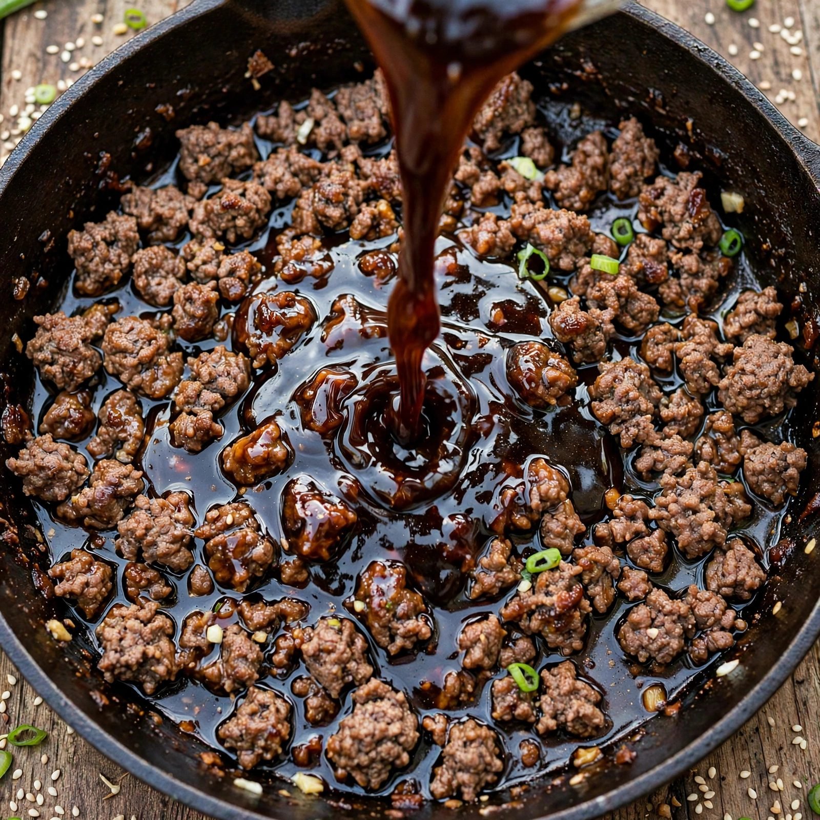 Overhead of glossy soy-brown sugar glaze being poured over browned ground beef in the skillet.