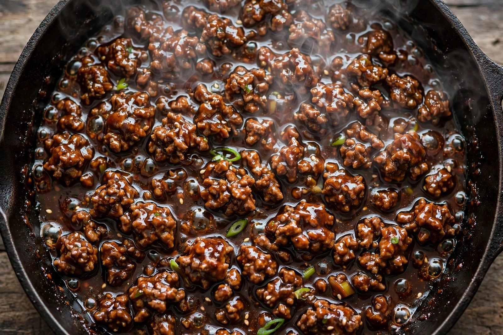 Overhead of ground beef simmering in the thickening glossy glaze, steam rising.
