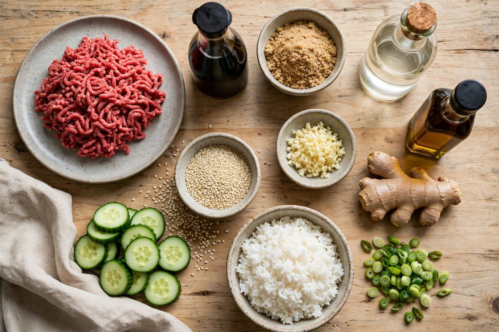 Overhead of raw ground beef on a plate, soy sauce bottle, brown sugar bowl, garlic, fresh ginger, rice vinegar, sesame oil, green onions, sesame seeds, cucumber, rice.