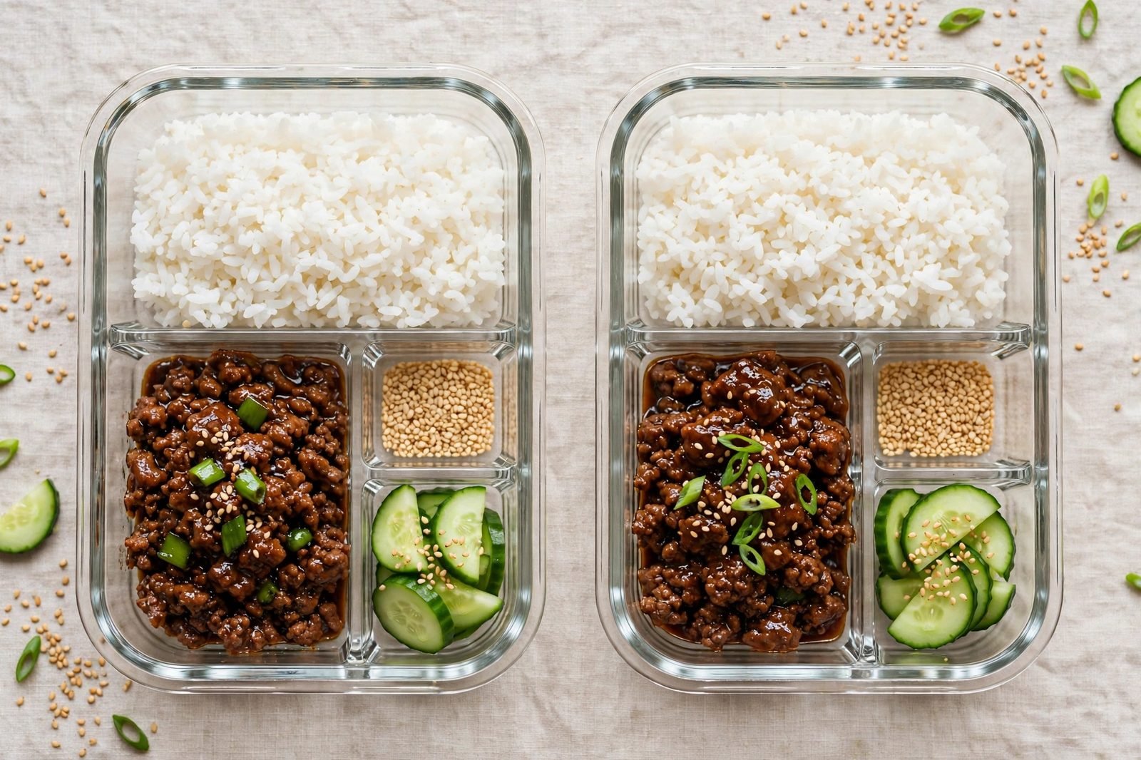 Overhead of glass meal-prep containers with Korean beef and rice, toppings in separate compartments.