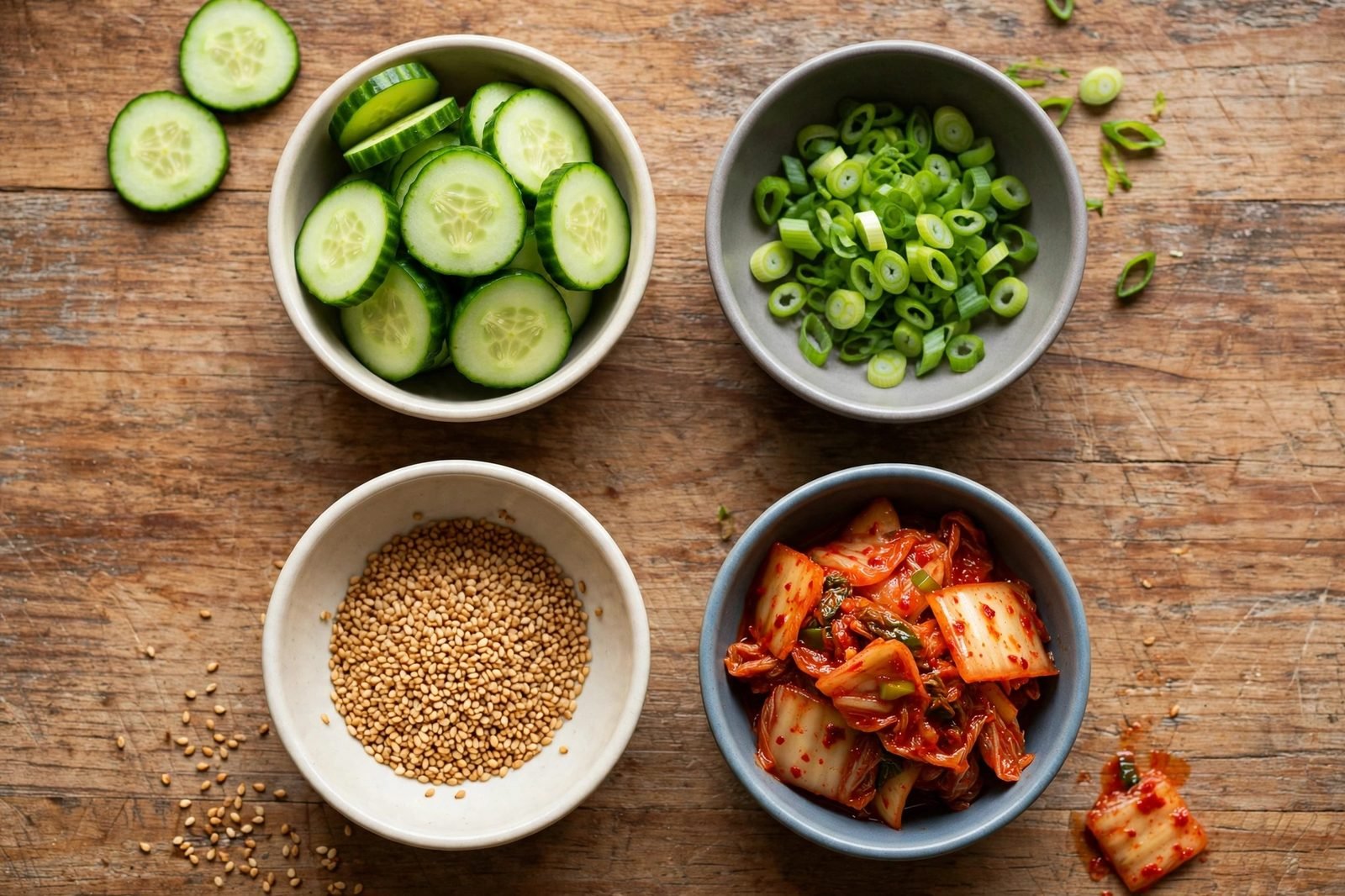Overhead of sliced cucumber, sliced green onions, sesame seeds in small bowls, kimchi.