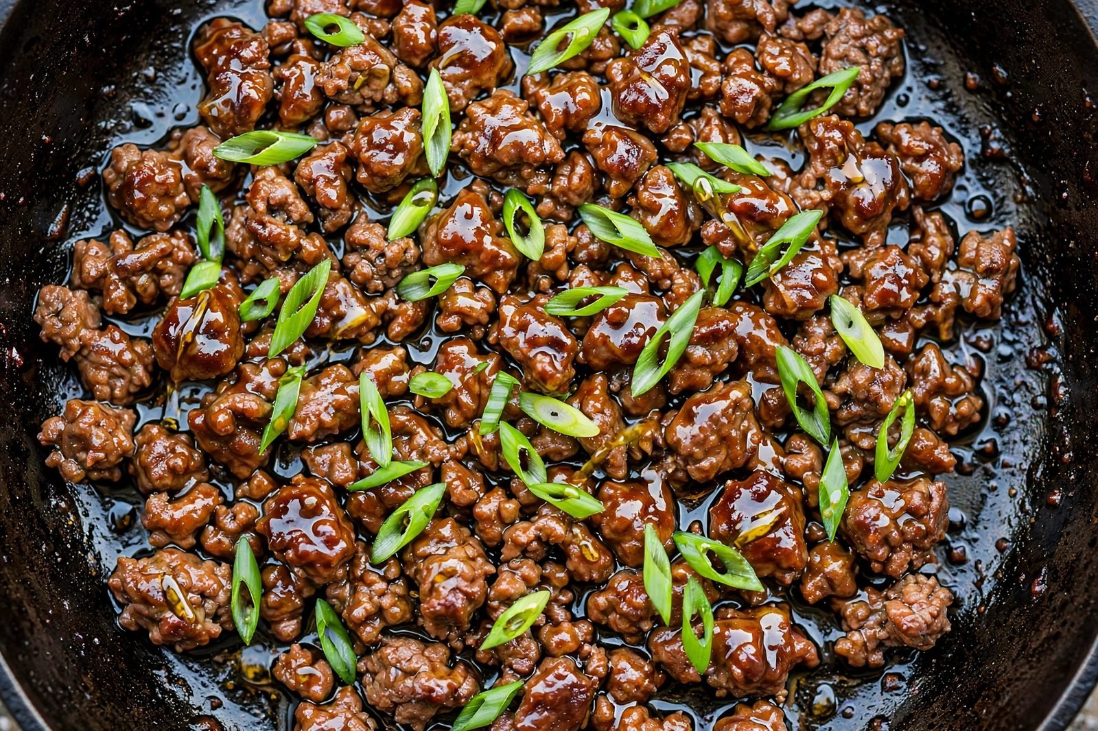 Overhead close-up of the glazed beef being finished with sesame oil and green onions.