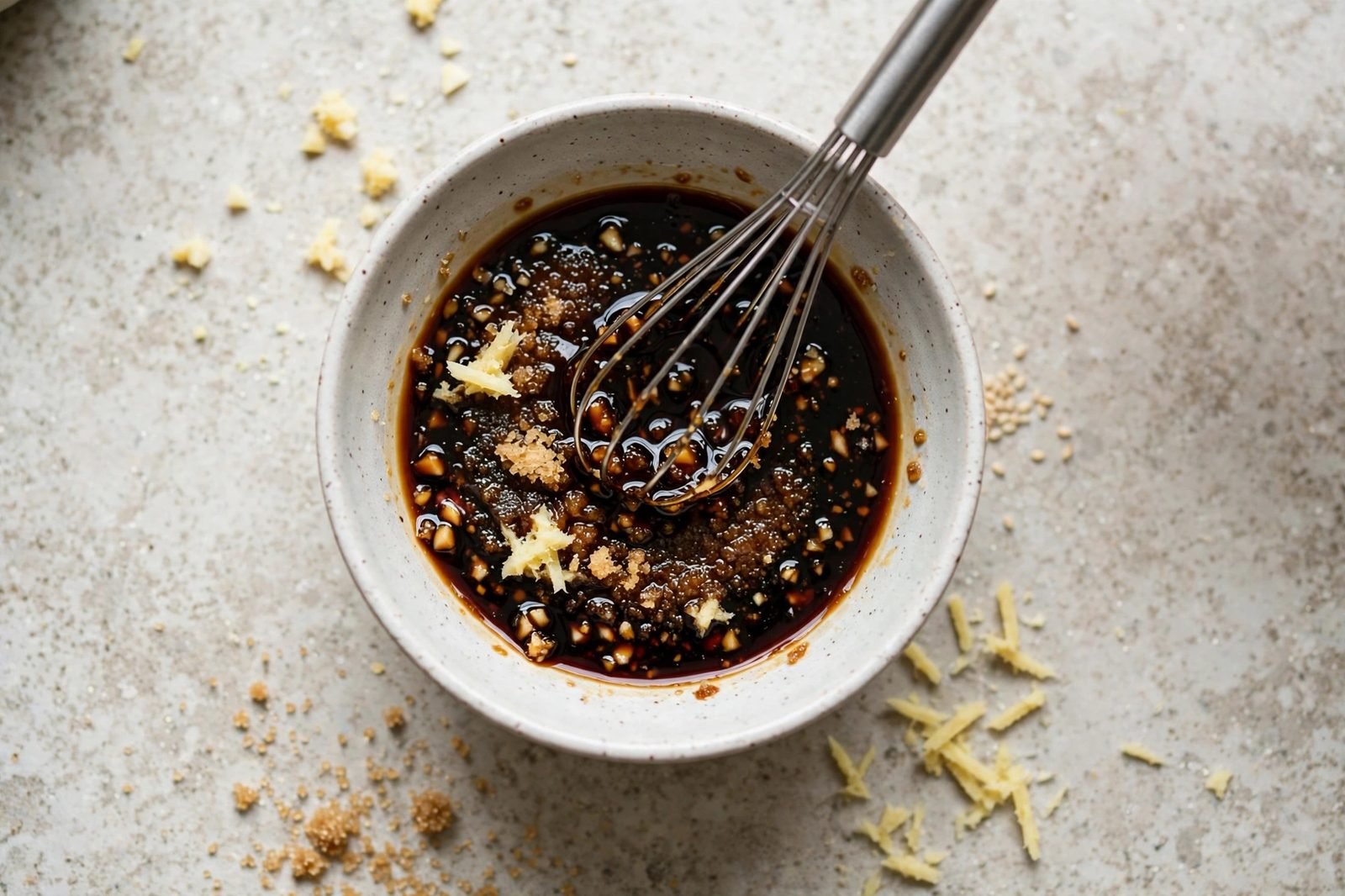 Overhead of a small bowl of soy sauce glaze with brown sugar, garlic, and ginger being whisked.
