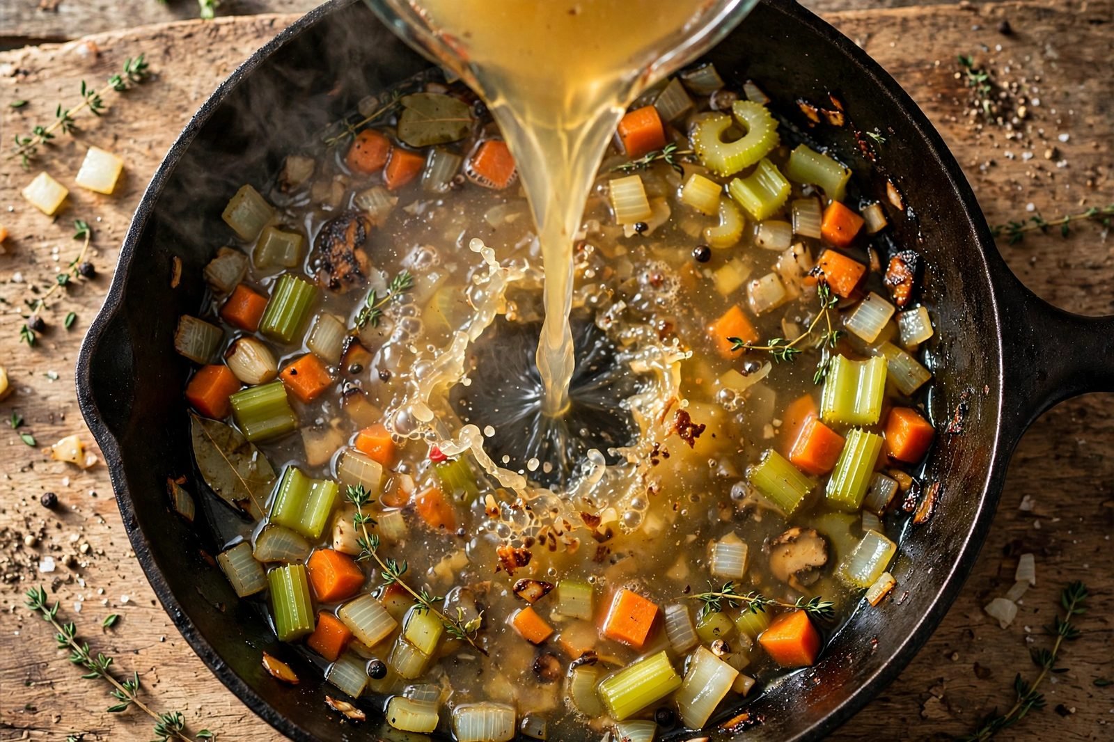 Overhead of chicken broth being poured into the skillet with browned bits lifting.