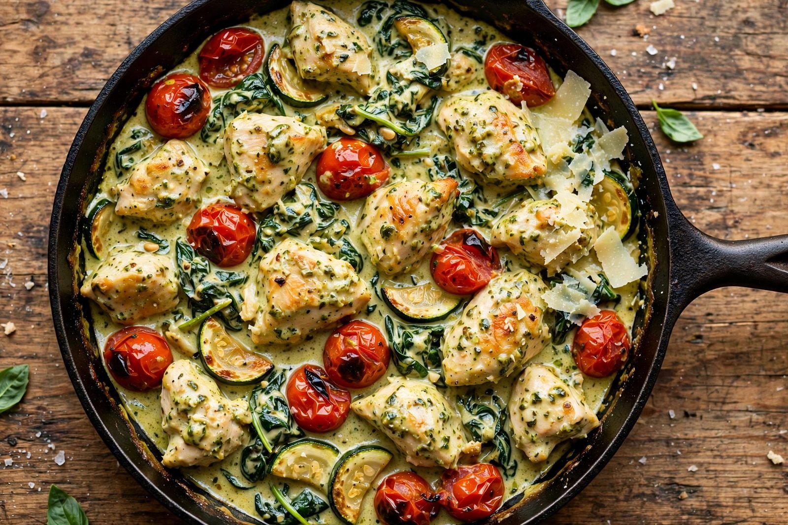 Overhead of the finished skillet: golden chicken pieces in green pesto cream sauce with blistered cherry tomatoes, zucchini half-moons, wilted spinach, and shaved Parmesan, in a large skillet on a wooden table.