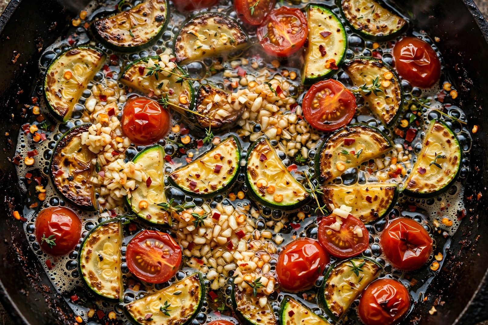 Overhead close-up of minced garlic and red pepper flakes sizzling with the vegetables in the skillet.