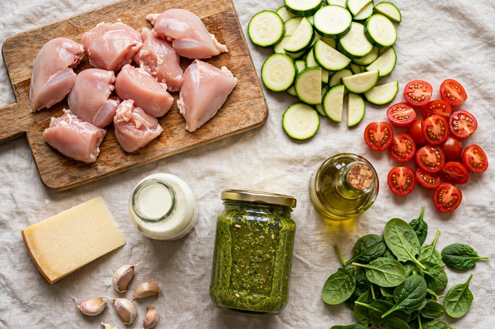 Overhead of raw chicken pieces, zucchini, cherry tomatoes, baby spinach, a jar of basil pesto, heavy cream, a Parmesan wedge, garlic, and olive oil arranged on a counter.