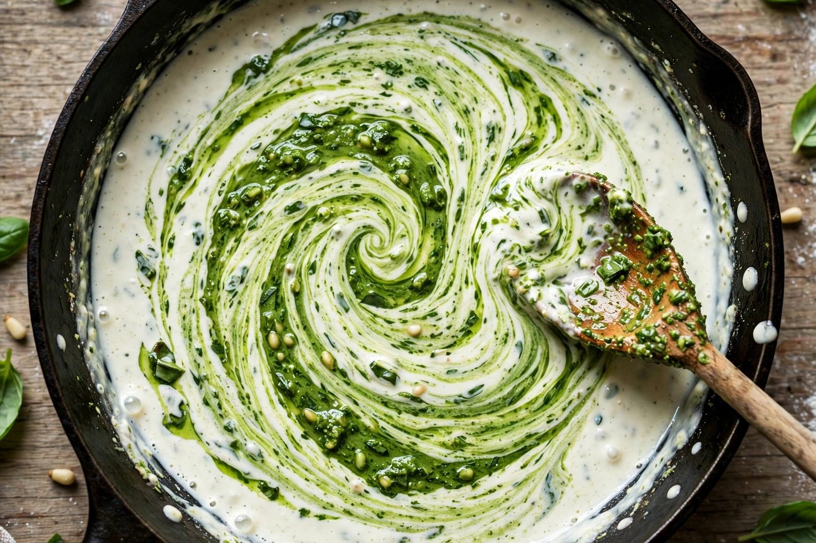Overhead of bright green basil pesto being stirred into the cream sauce, green swirls marbling through.