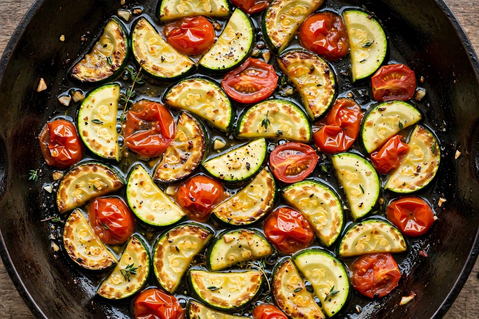 Overhead of zucchini half-moons and halved cherry tomatoes sautéing in a single layer in the skillet, edges browning.