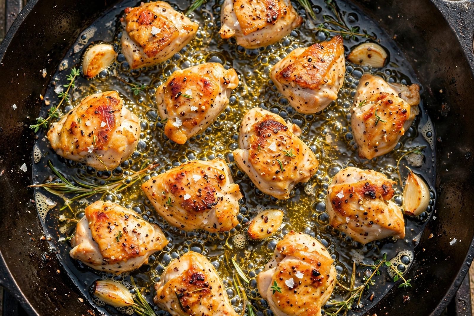 Overhead of golden chicken pieces searing in a hot skillet with olive oil.