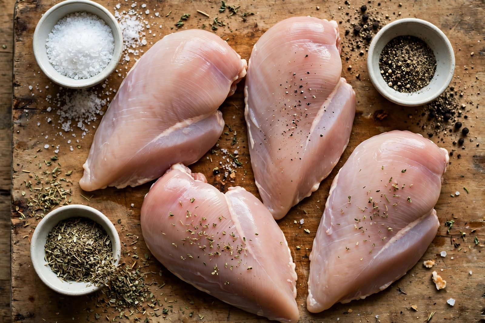 Overhead of raw chicken pieces on a cutting board seasoned with salt, pepper, and Italian seasoning.