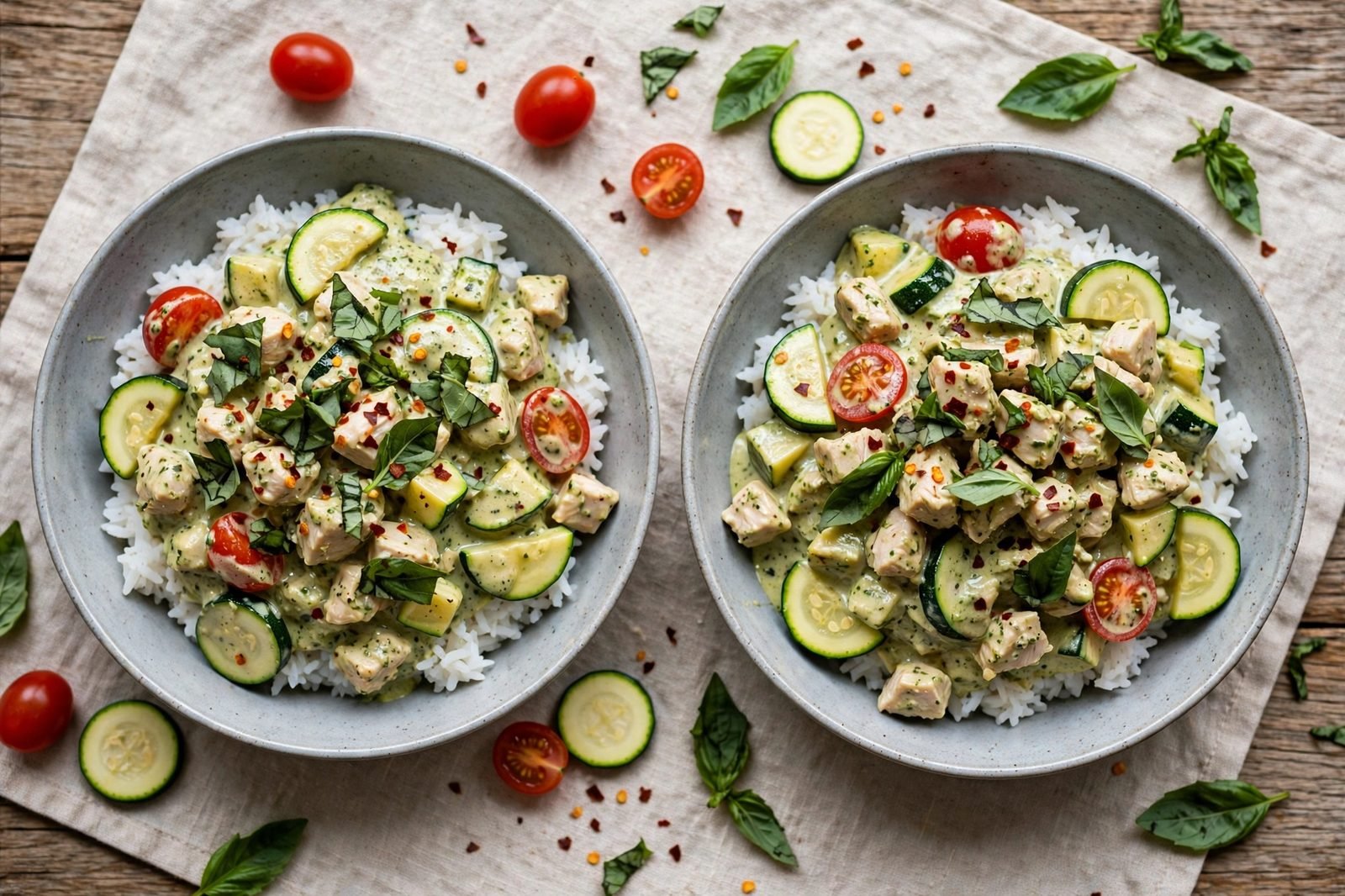 Overhead of two served bowls of creamy pesto chicken and vegetables over rice with torn basil and red pepper flakes.