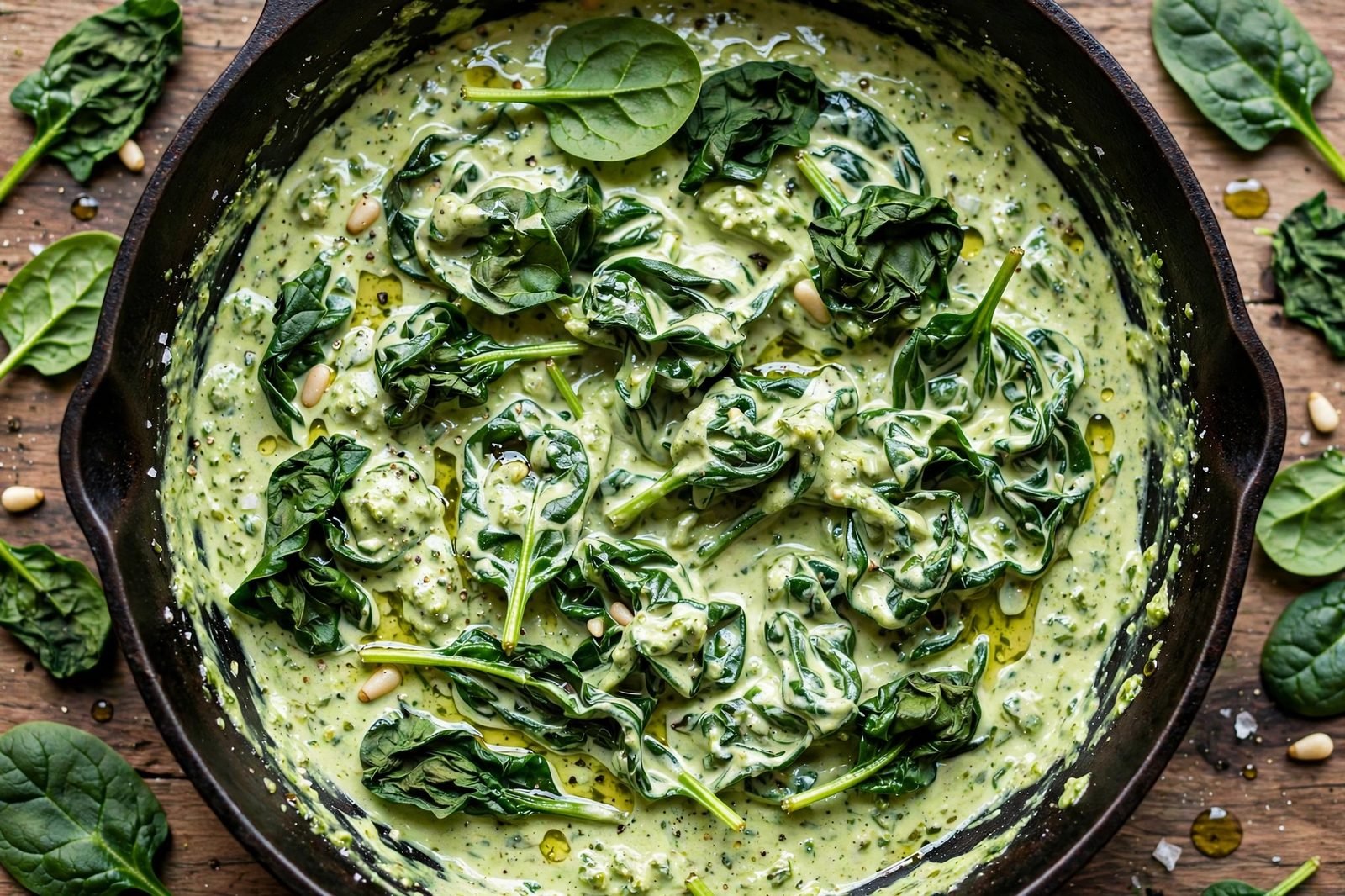 Overhead of baby spinach leaves folding into the green sauce, half wilted.