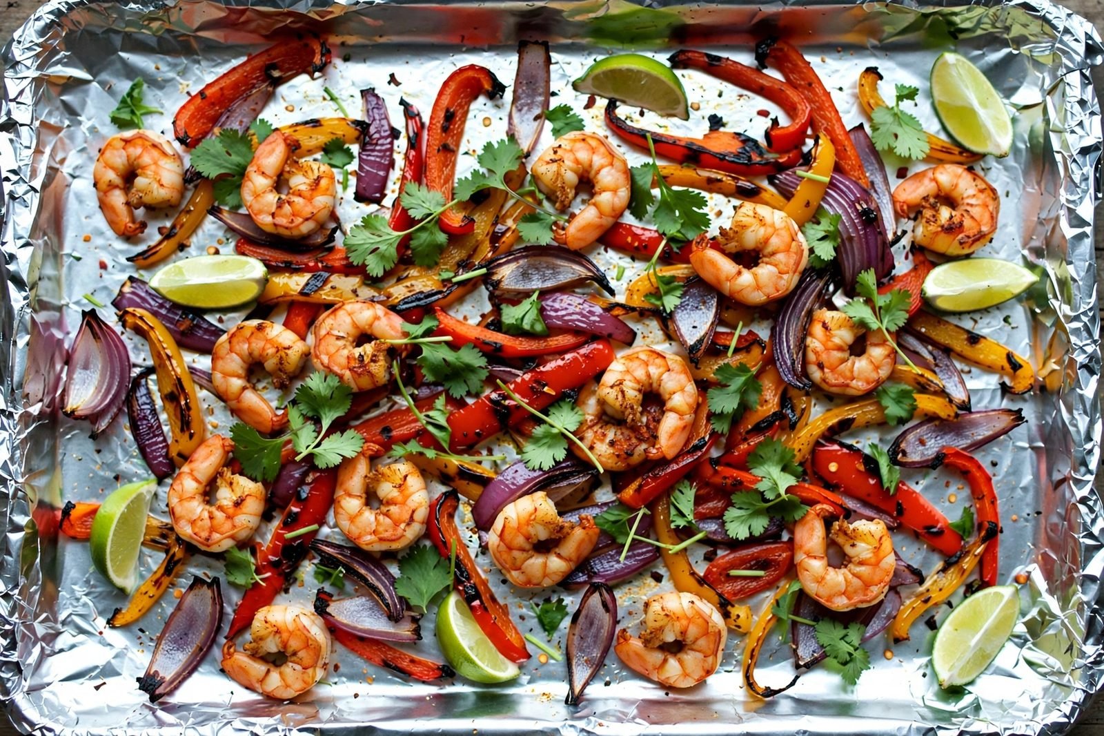 Overhead of the finished sheet pan: roasted seasoned shrimp with charred bell pepper strips and red onion wedges, lime wedges, scattered cilantro, on foil-lined pan.