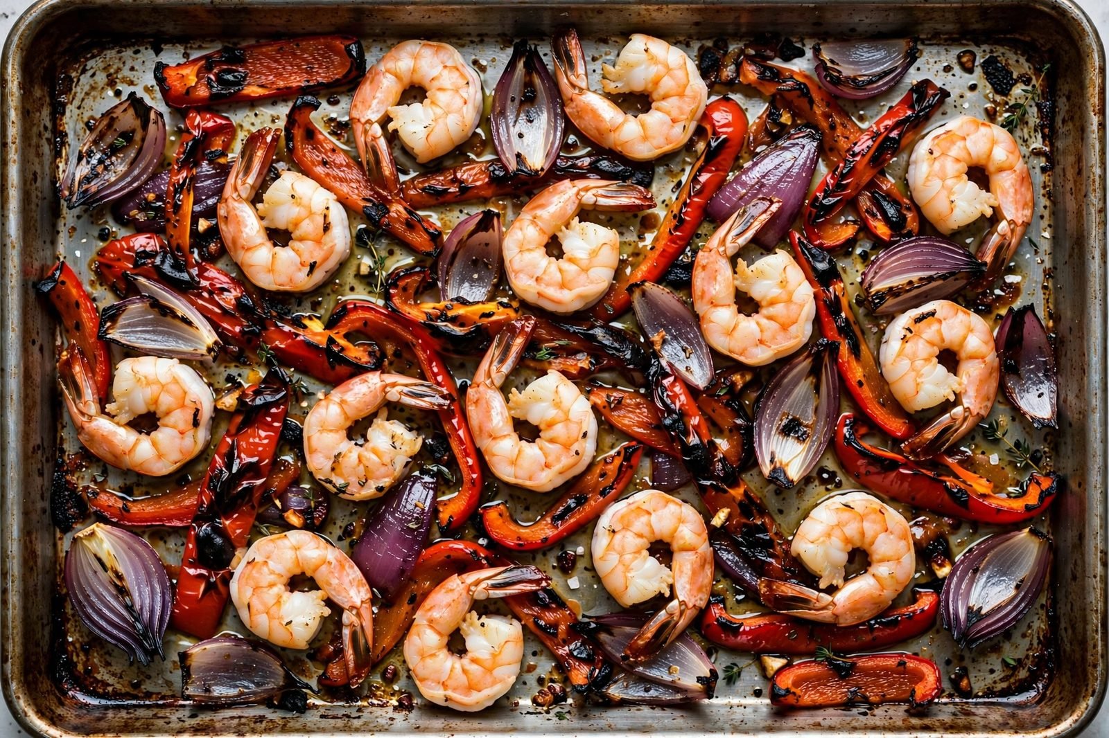 Overhead of the fully roasted pan: pink opaque shrimp curled in C-shapes among charred peppers and onion.