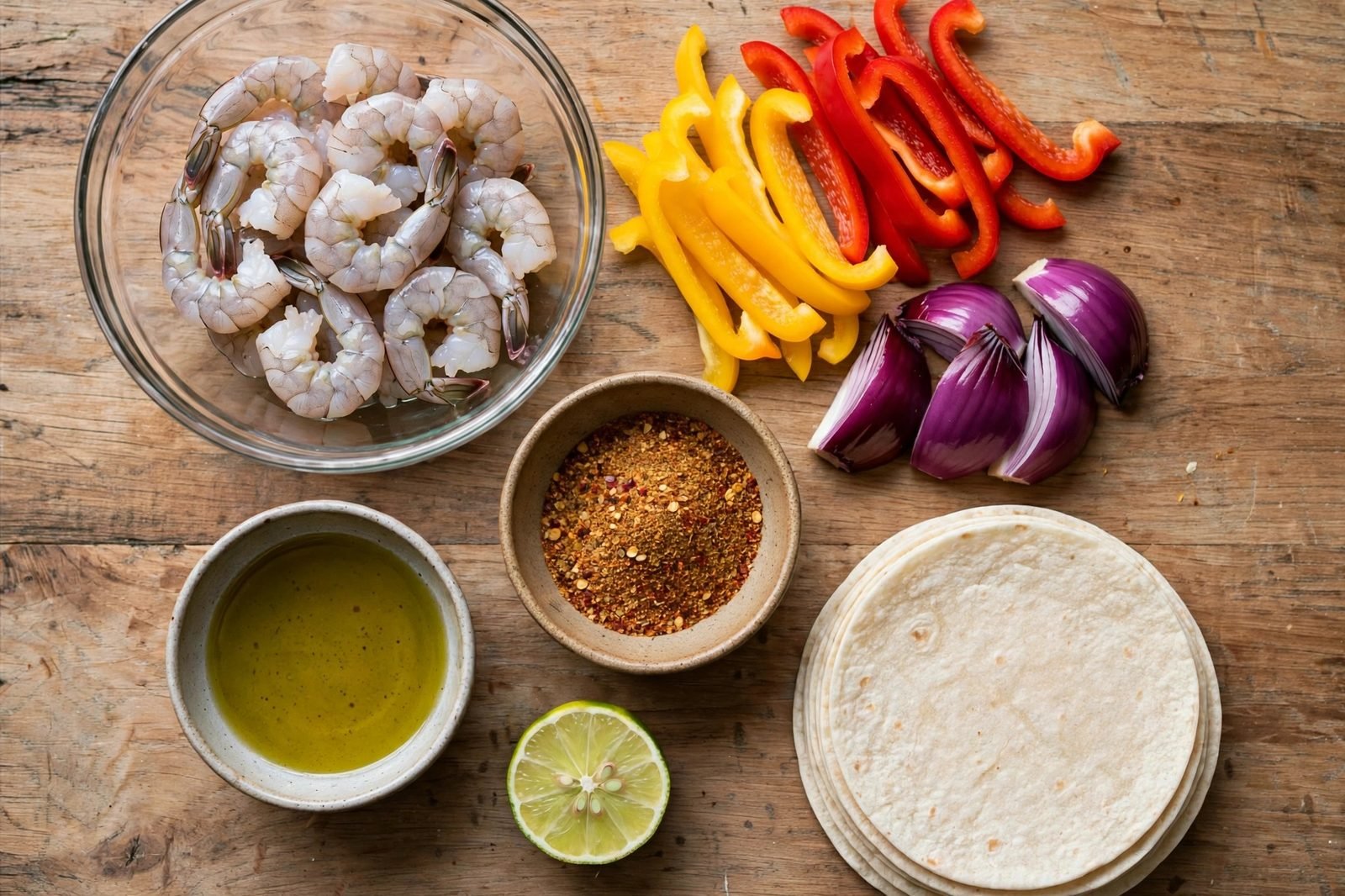 Overhead of raw peeled shrimp in a bowl, sliced bell peppers, red onion wedges, olive oil, lime, fajita seasoning in small bowls, tortillas stacked nearby.
