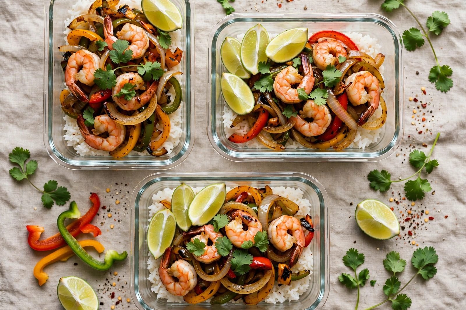 Overhead of glass meal-prep containers with shrimp fajita filling over rice.
