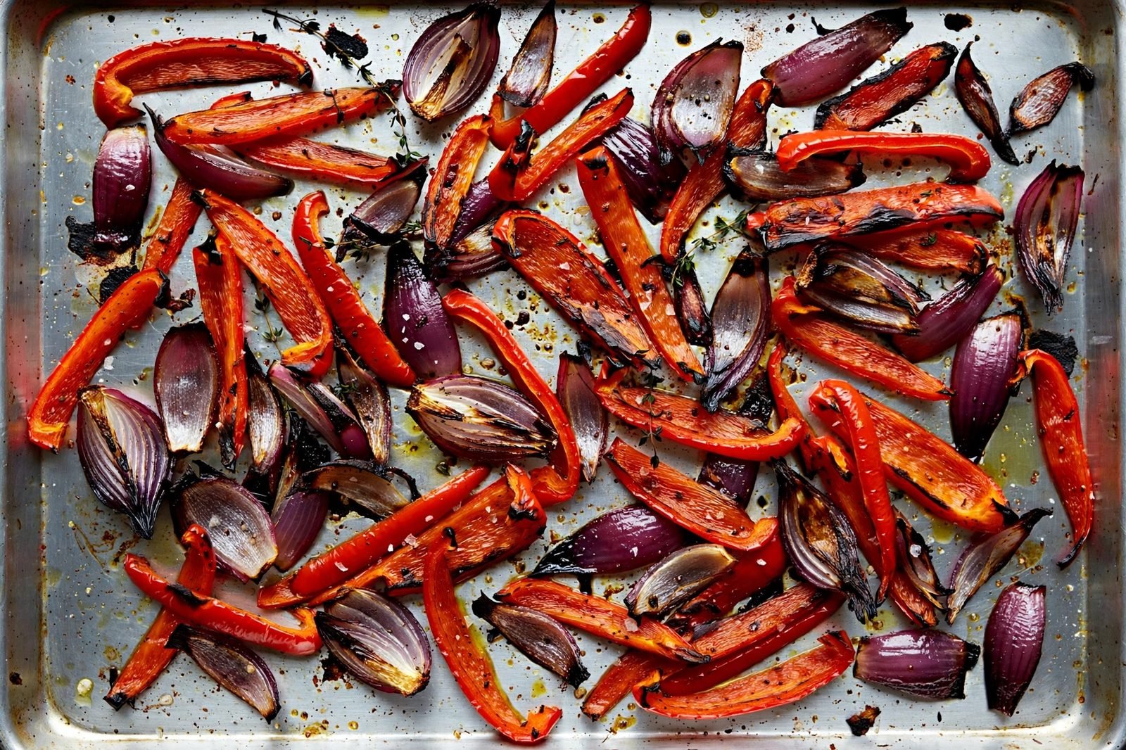 Overhead of peppers and onion after the 10-minute head start, edges starting to char.