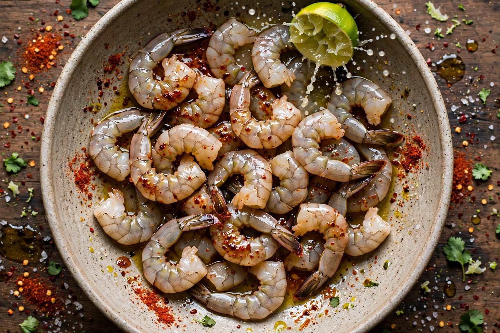 Overhead of raw shrimp in a bowl being tossed with fajita seasoning, olive oil, and lime juice.