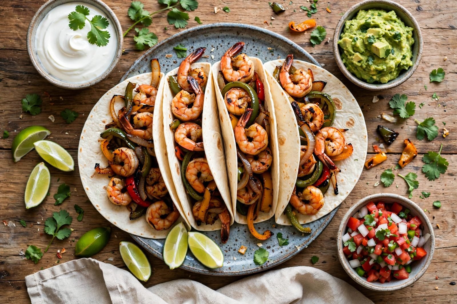 Overhead of fajitas served: filled tortillas with shrimp and peppers, lime wedges, sour cream, guacamole, pico de gallo in small bowls.