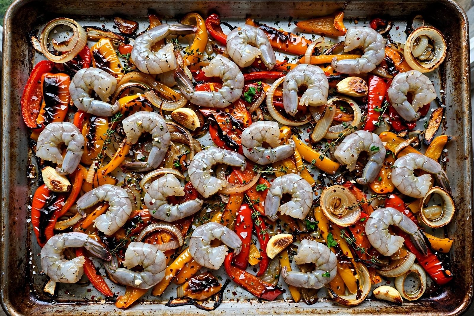 Overhead of raw seasoned shrimp arranged in a single layer over the roasted peppers on the sheet pan.