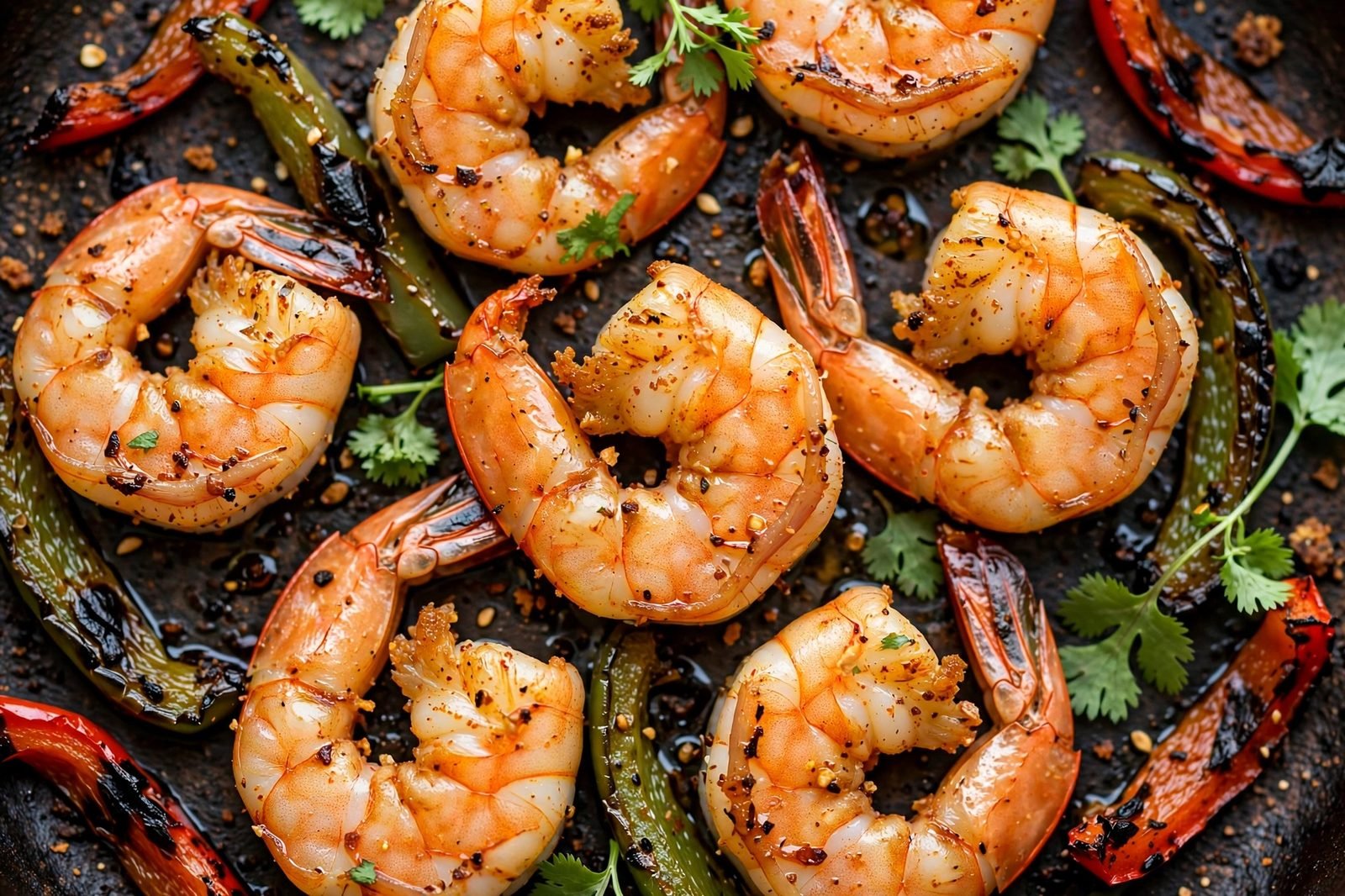 Overhead close-up of glistening seasoned roasted shrimp with charred pepper edges and cilantro.