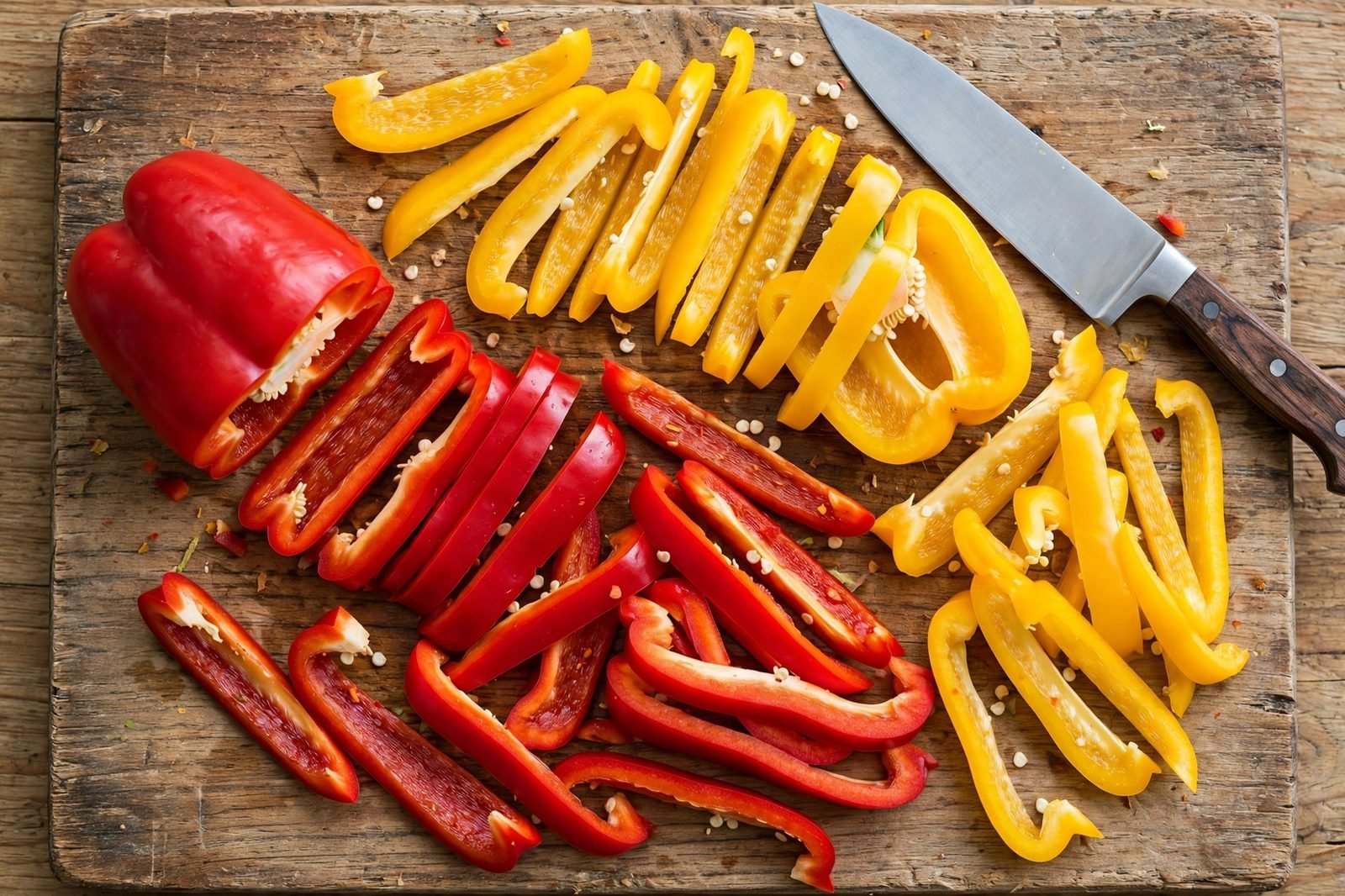 Overhead of bell peppers being sliced into strips on a cutting board with a knife.