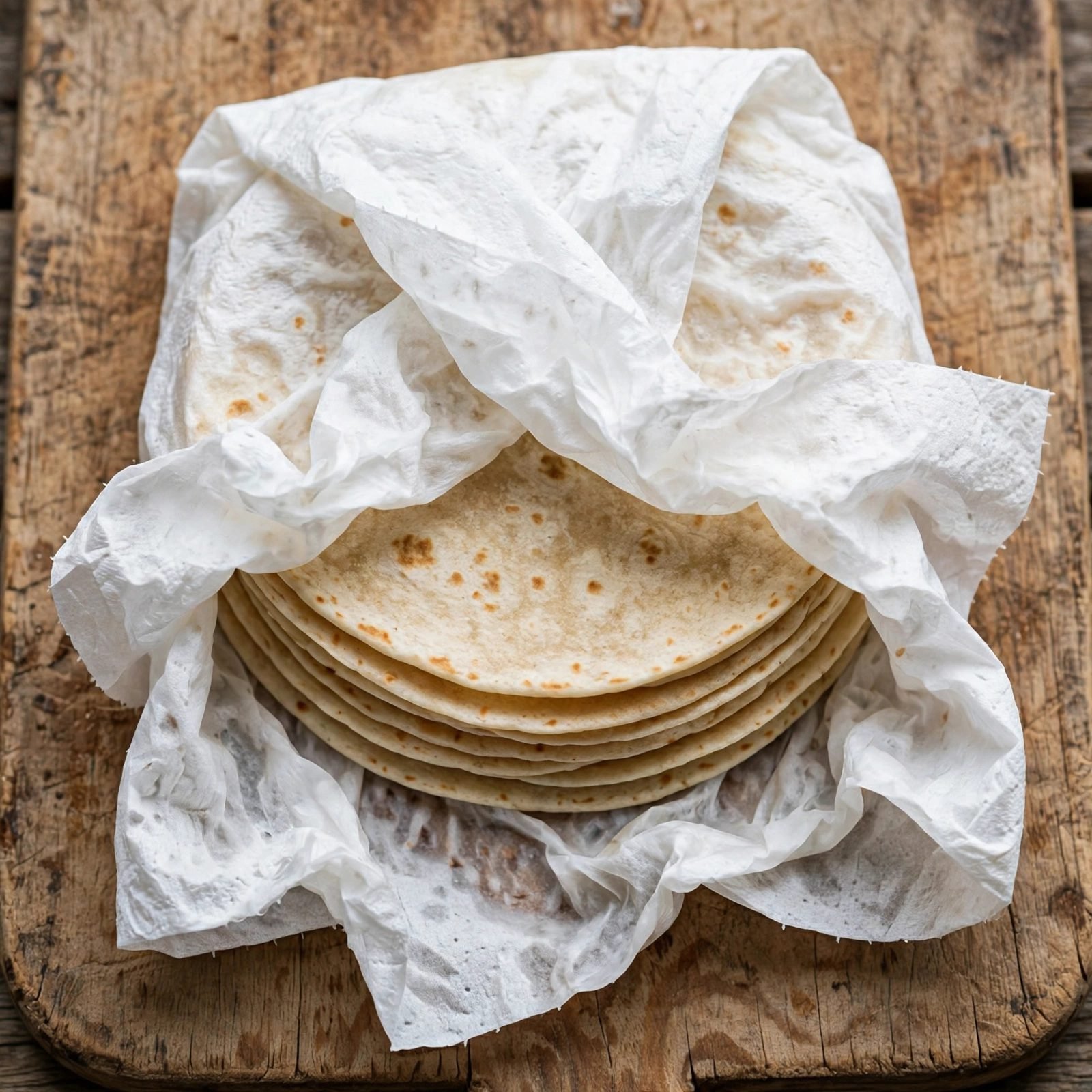 Overhead of flour tortillas wrapped in a damp paper towel, stack of warmed tortillas.