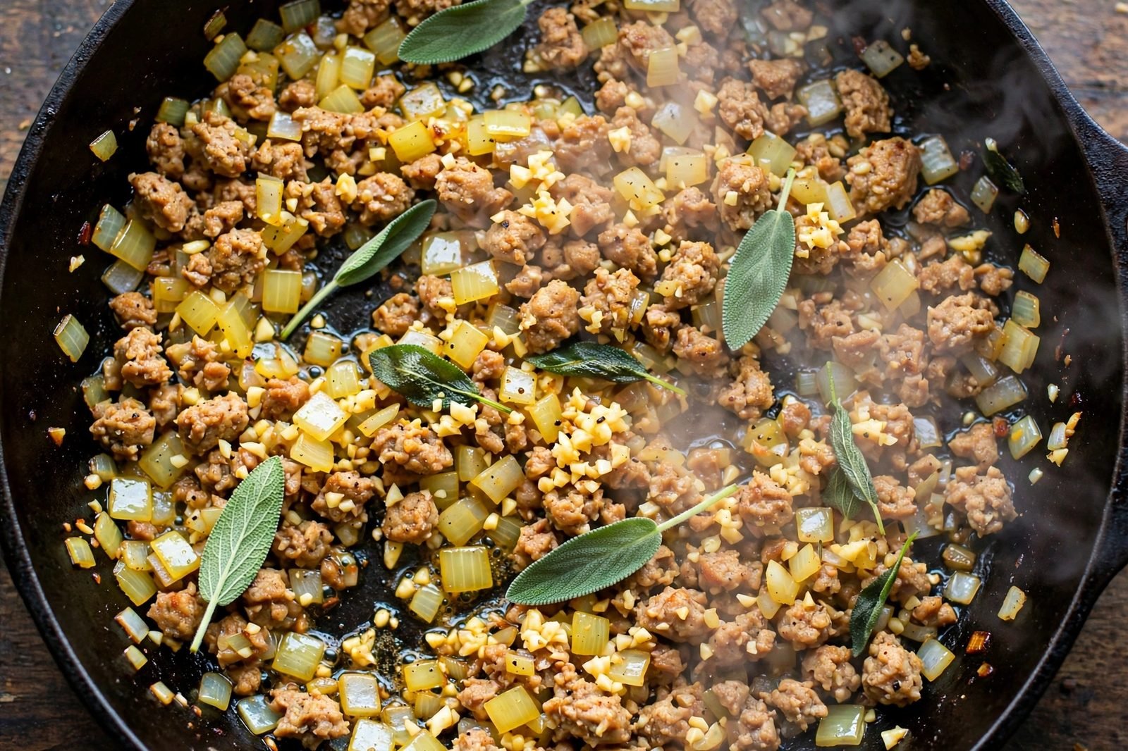 Overhead of diced onion, garlic, sage and spices cooking with the turkey.