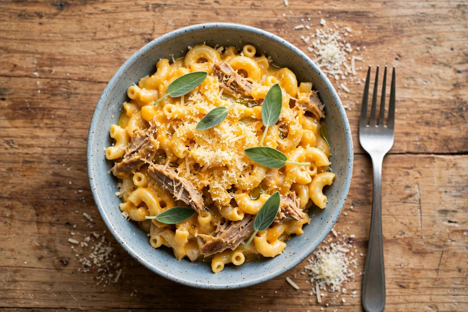 Overhead of a single bowl with fresh sage leaves and extra Parmesan, fork resting beside.