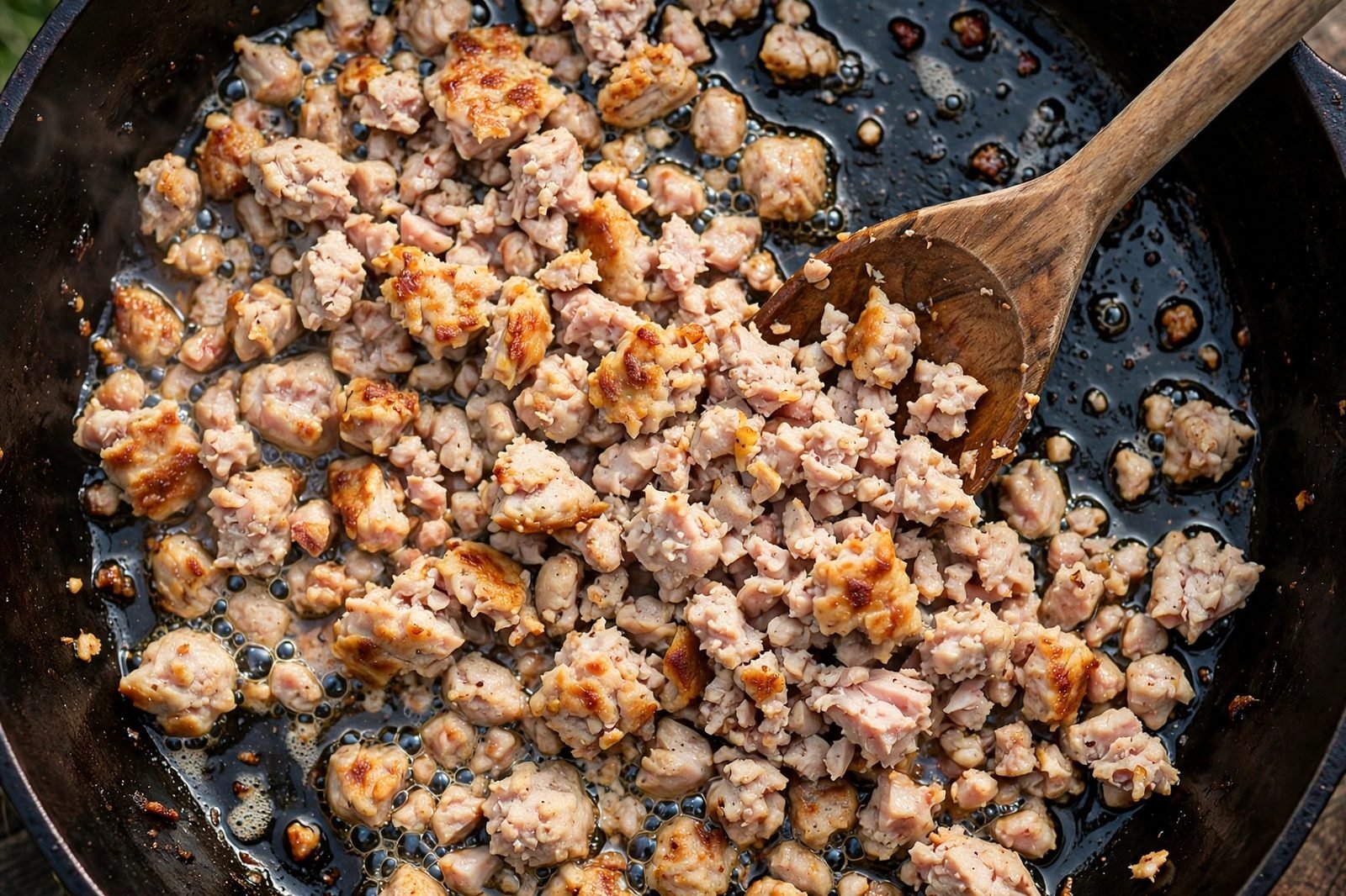 Overhead of ground turkey crumbles browning in a deep skillet.