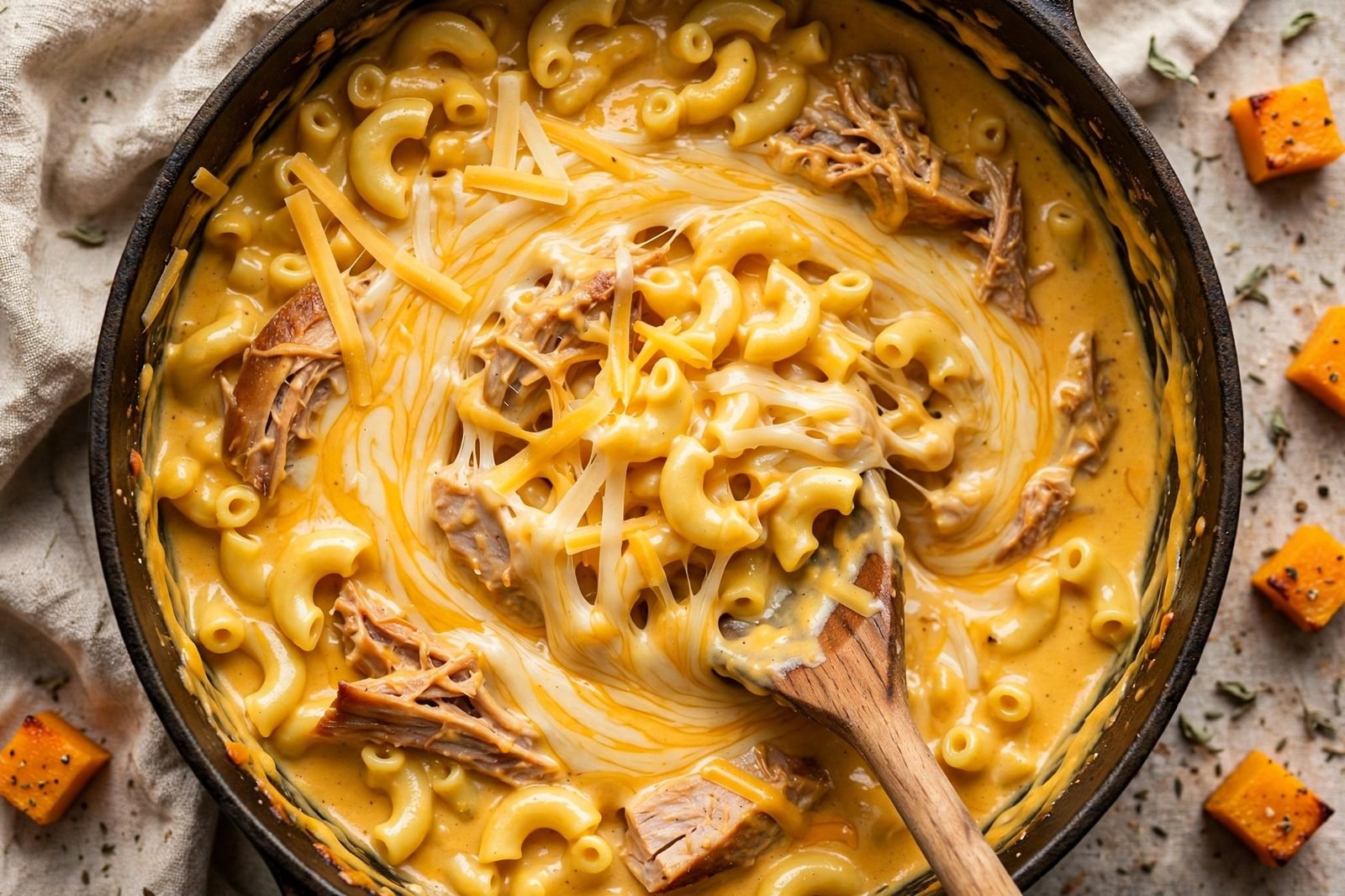 Overhead of shredded cheddar being stirred into the off-heat sauce, melting into ribbons.