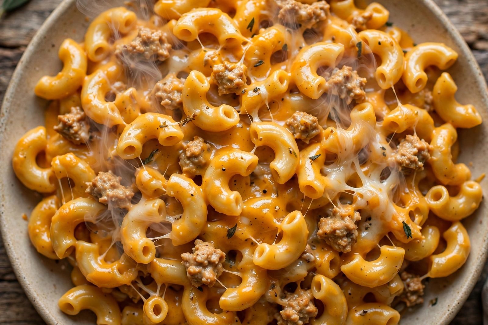 Overhead close-up of creamy golden mac & cheese coating the elbows, turkey crumbles, steam.