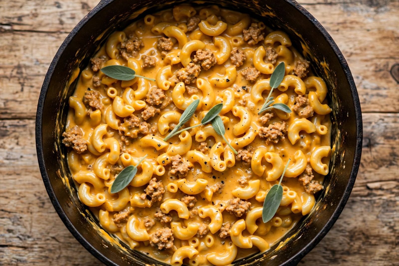 Overhead of the finished butternut mac & cheese with turkey in a dark pot: creamy golden elbows, turkey crumbles, fresh sage leaves, on a wooden table.