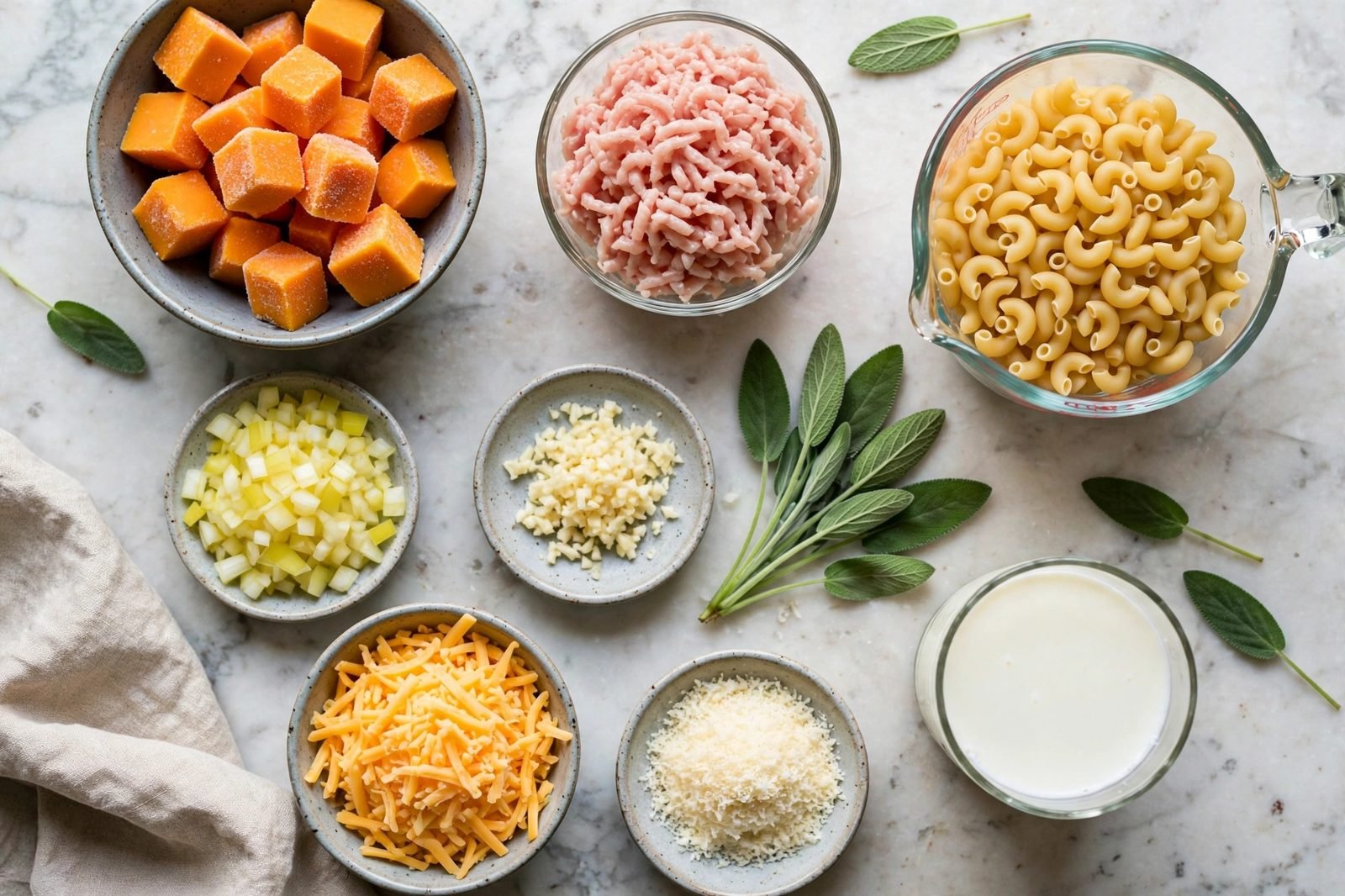 Overhead of ground turkey, frozen butternut squash cubes in a bowl, elbow macaroni, onion, garlic, sage, cheddar, Parmesan, milk on a counter.