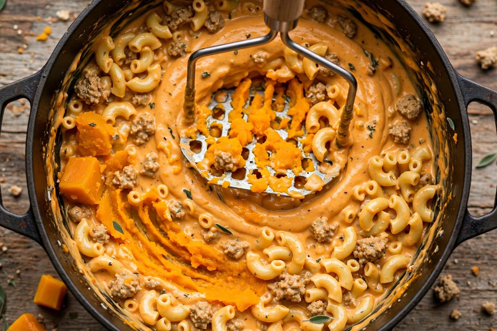 Overhead of a potato masher breaking down soft butternut squash chunks into the creamy sauce.