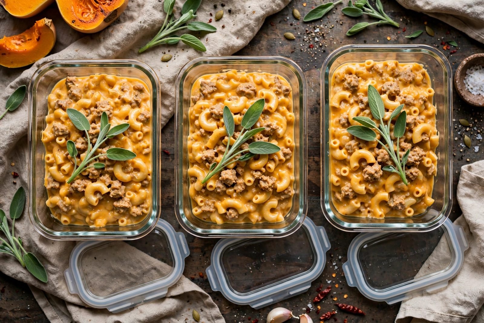 Overhead of glass meal-prep containers filled with the mac & cheese.