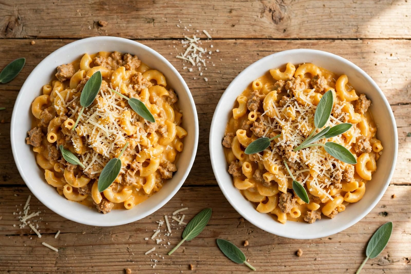 Overhead of two served bowls of butternut mac & cheese with turkey, sage leaves on top.