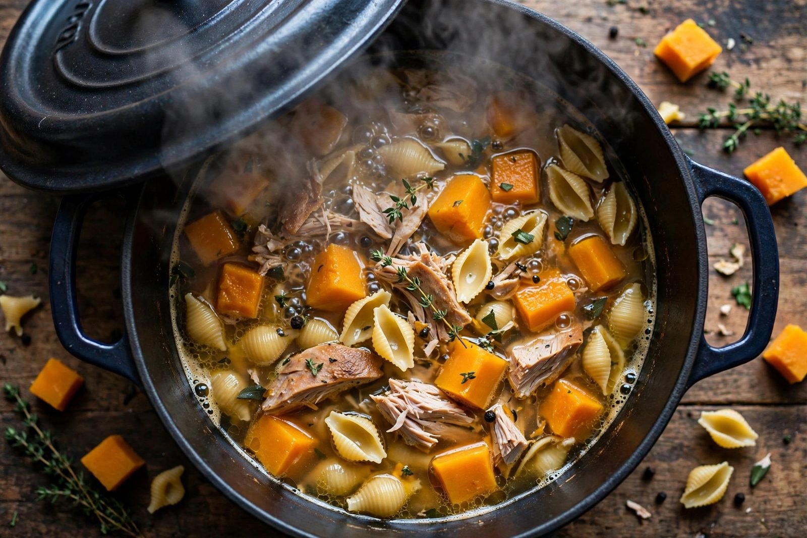 Overhead of the pot with the lid slightly ajar, steam rising, pasta and squash simmering.