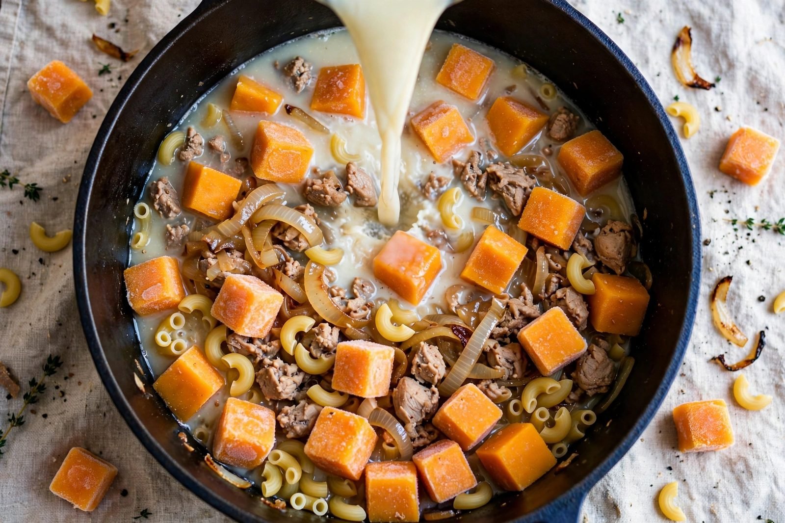 Overhead of frozen butternut squash cubes, dry elbow macaroni, broth and milk in the pot.