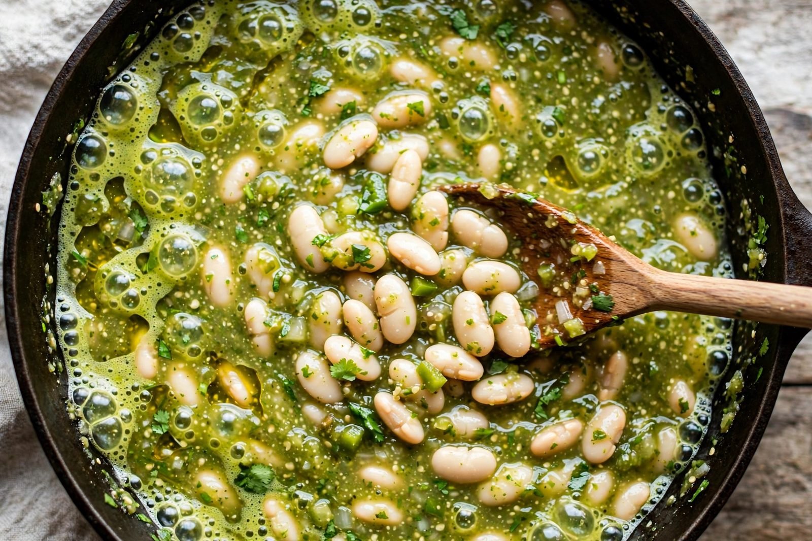 Overhead of white cannellini beans being stirred into the green sauce.