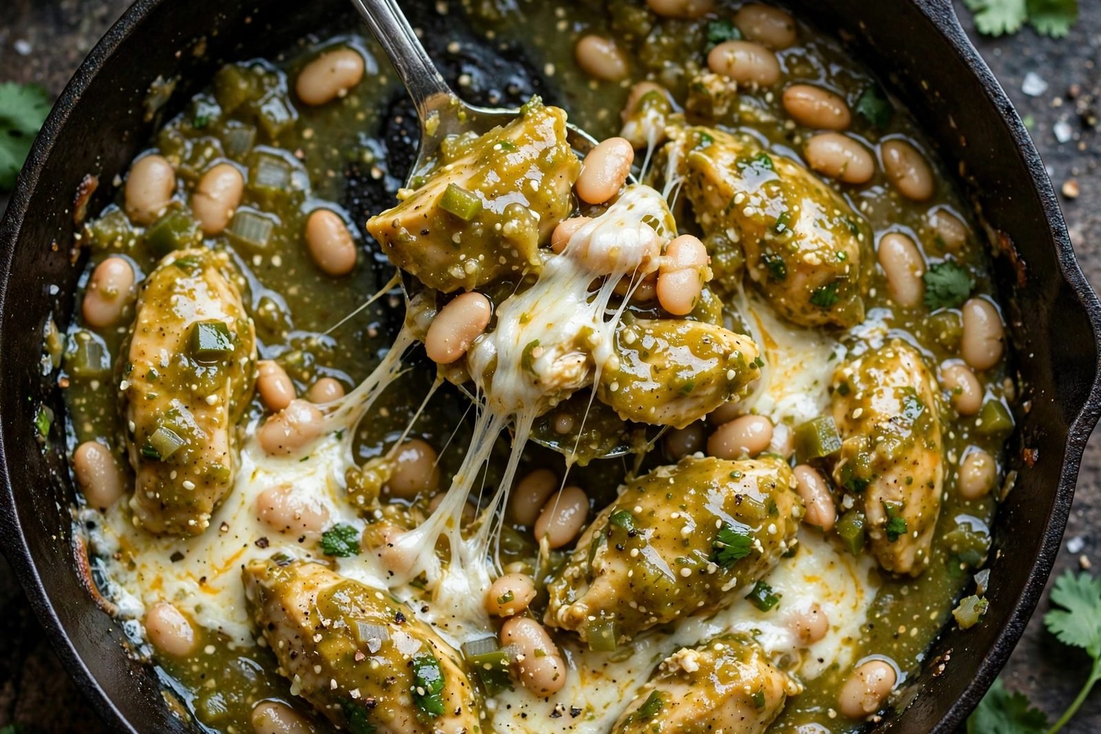 Overhead close-up of a spoon scooping cheesy chicken and beans.