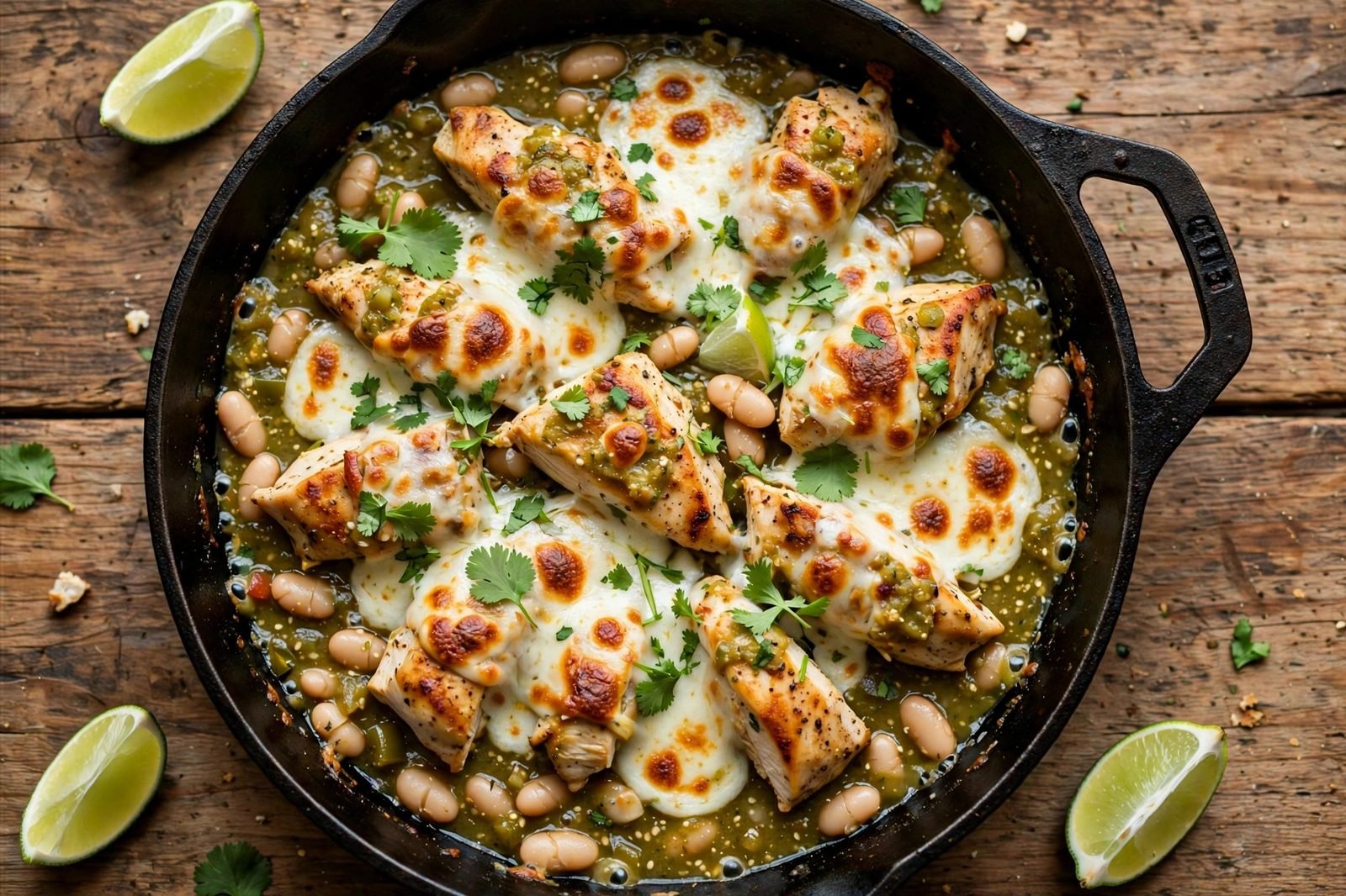 Overhead of the finished skillet: chicken pieces in green salsa verde with white beans under melted bubbly mozzarella, cilantro, lime wedges in a cast iron skillet.