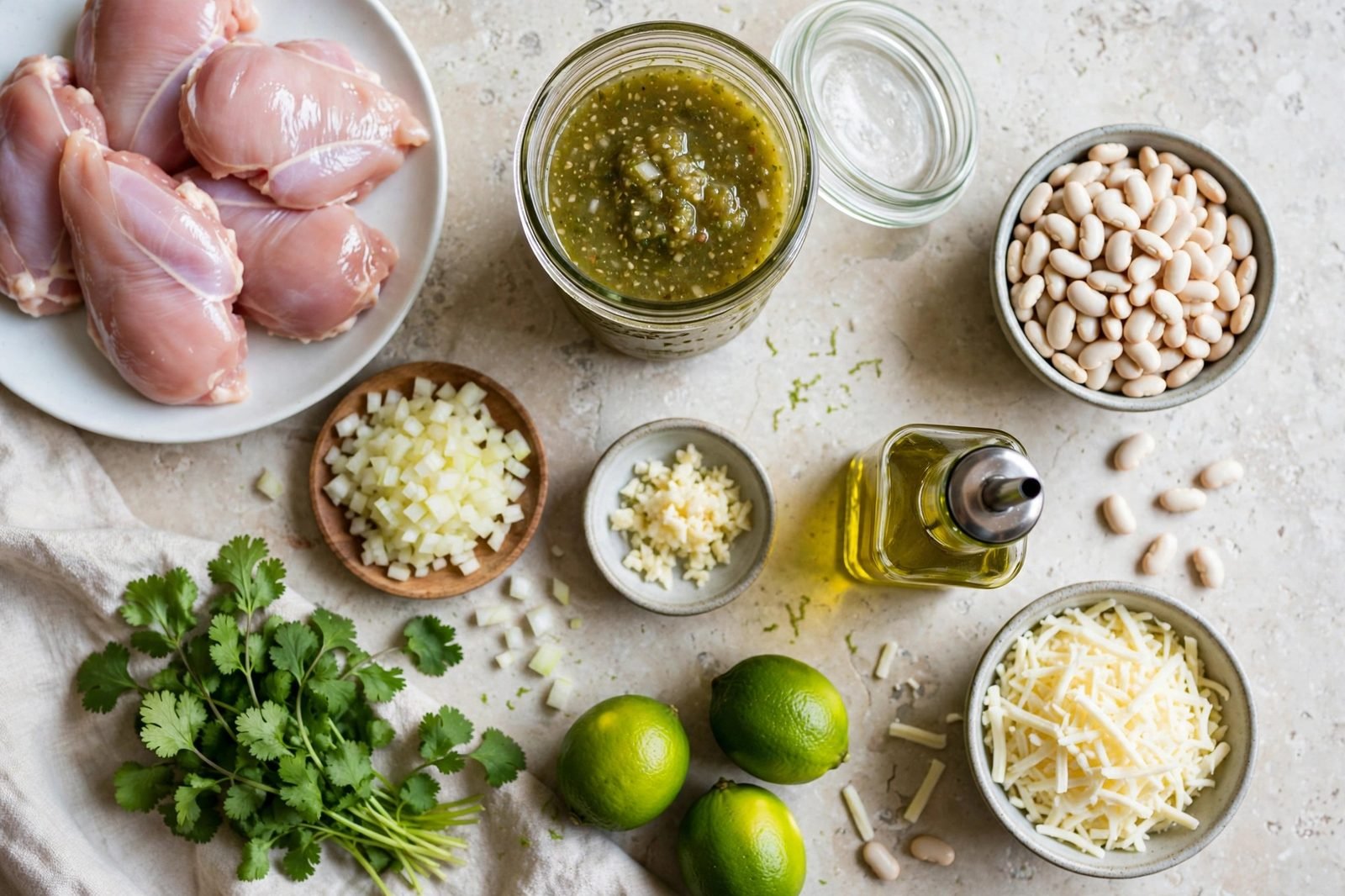 Overhead of raw chicken pieces, jar of salsa verde, cans of white beans, onion, garlic, mozzarella, cilantro, limes arranged on a counter.