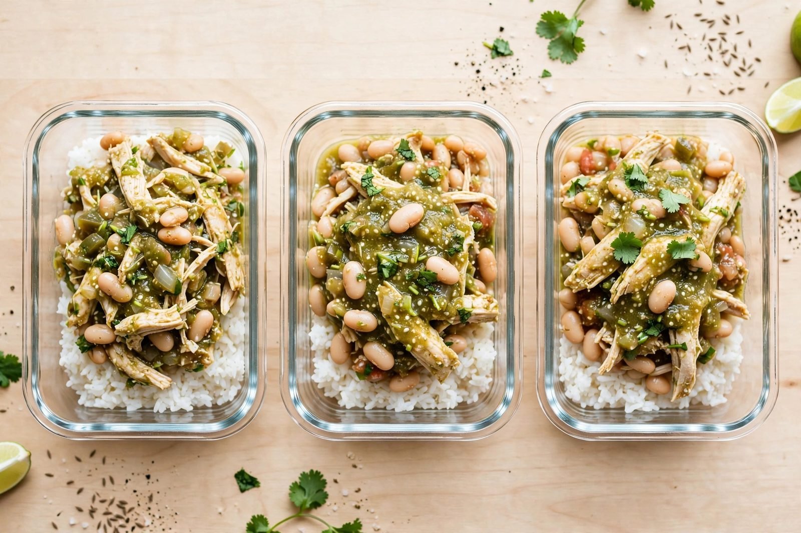 Overhead of glass meal-prep containers filled with chicken over rice.